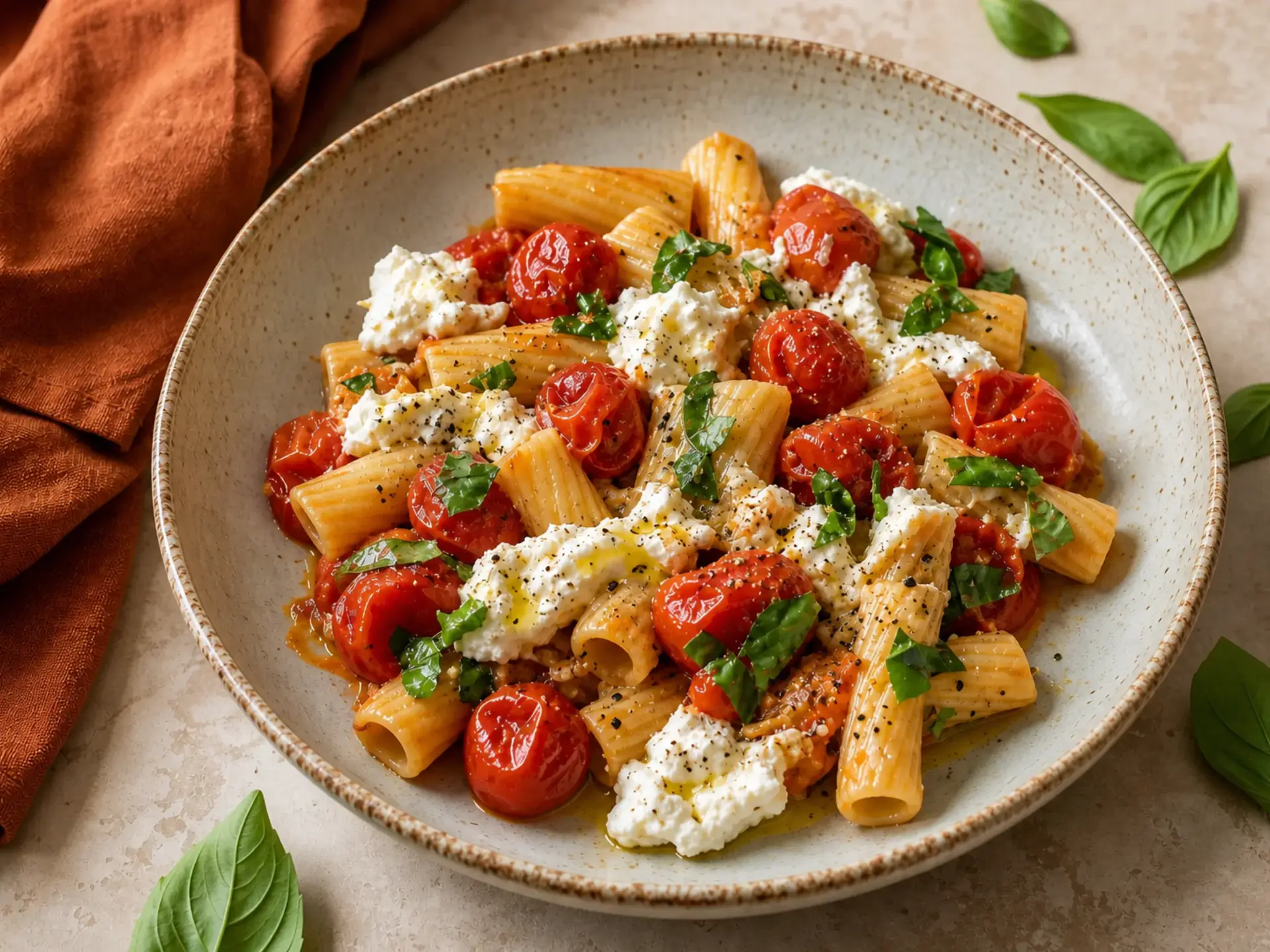 Rigatoni coated in blistered cherry tomatoes with basil, ricotta, and grated Parmesan