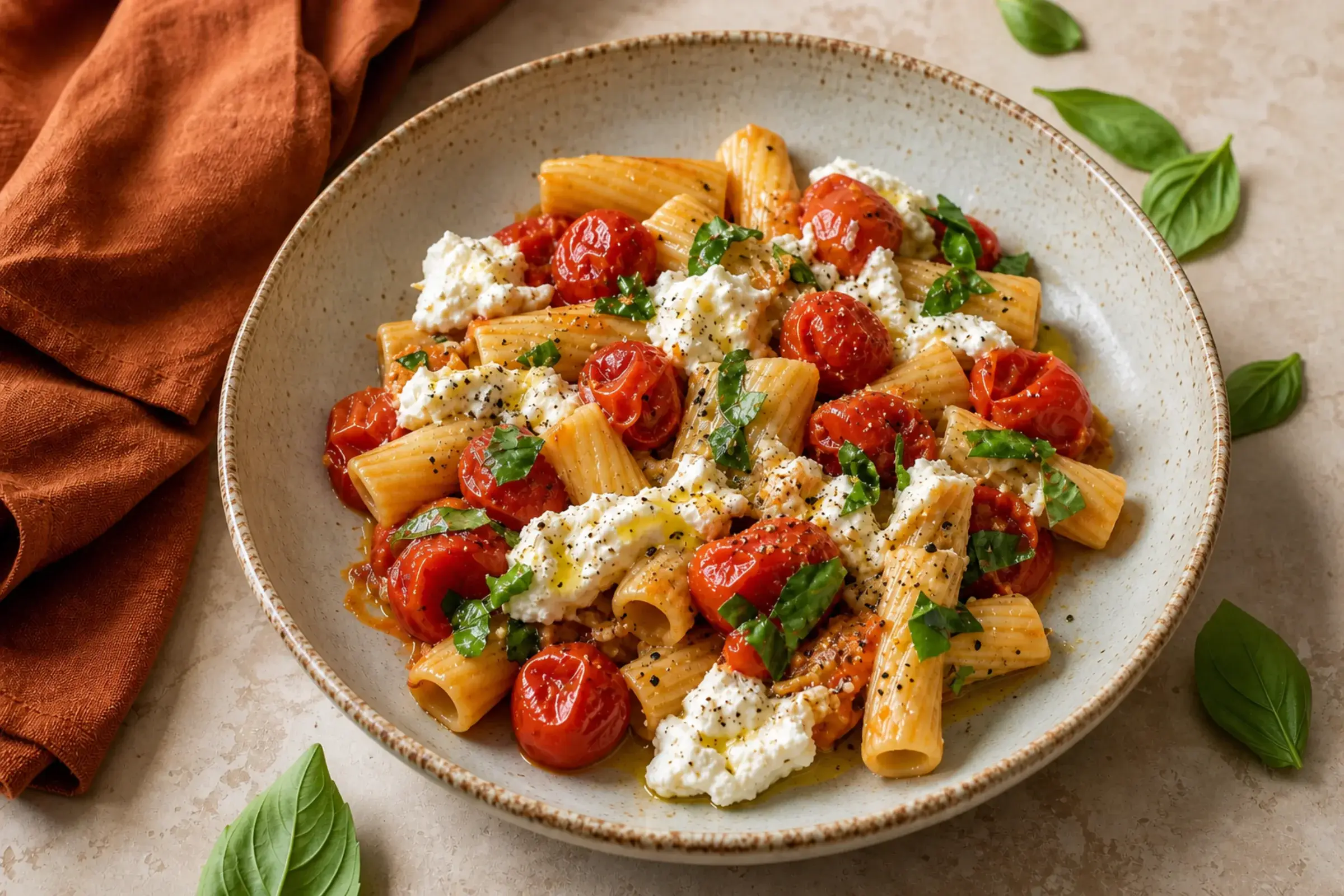 Rigatoni coated in blistered cherry tomatoes with basil, ricotta, and grated Parmesan