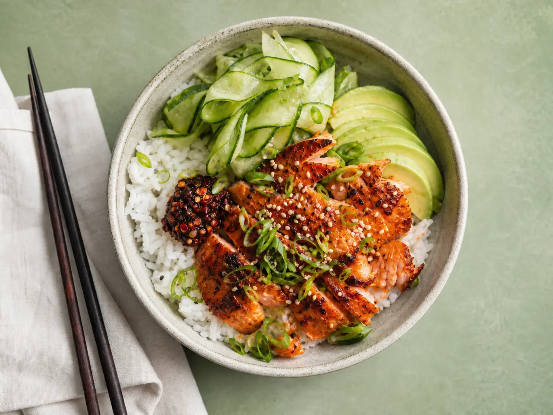 Salmon rice bowl with cucumber, avocado, scallions, sesame, and chili crisp