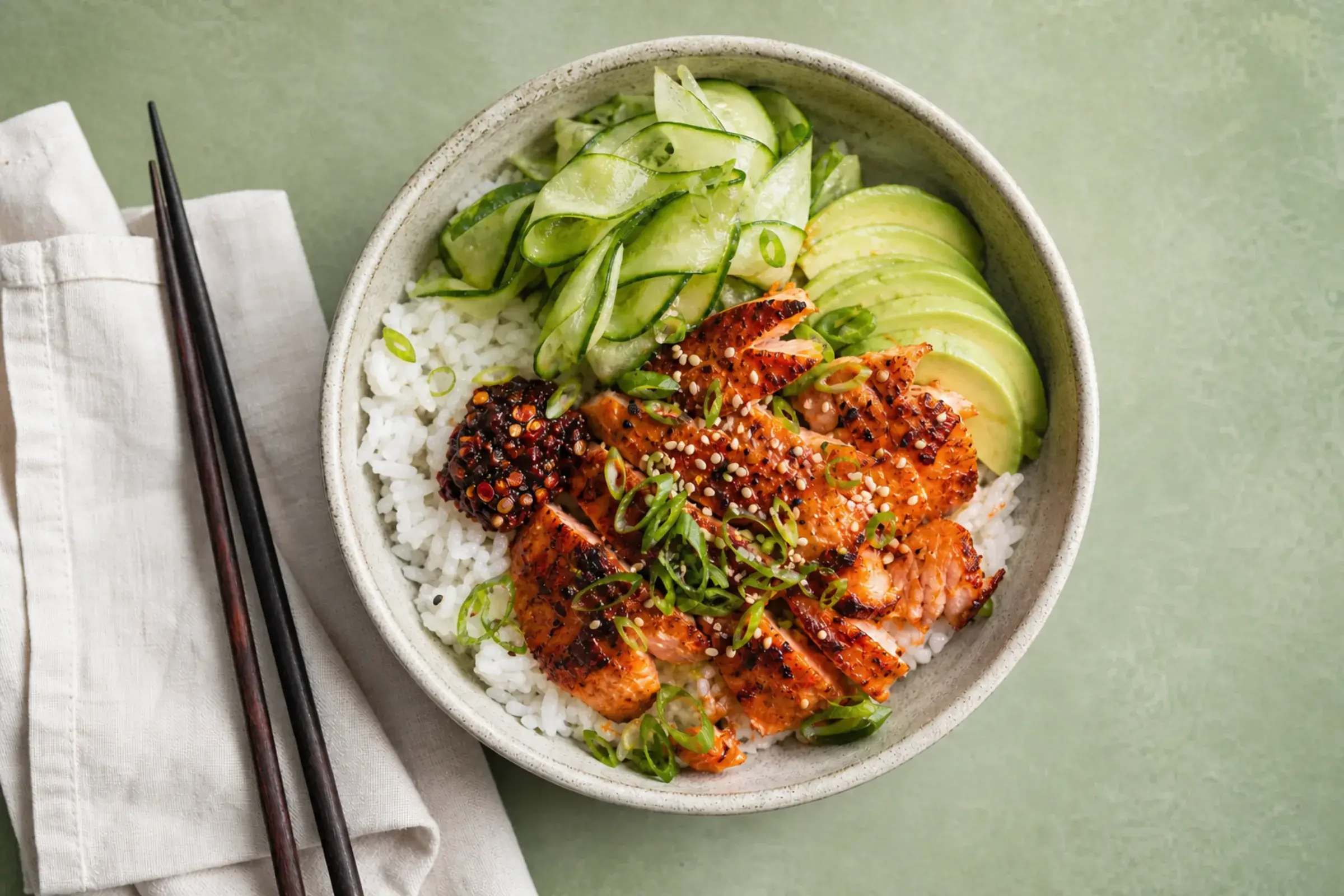 Salmon rice bowl with cucumber, avocado, scallions, sesame, and chili crisp