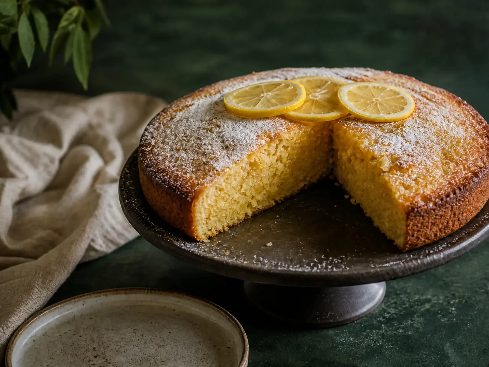 Rustic lemon olive oil cake with one wedge removed, lemon slices, and a light dusting of sugar