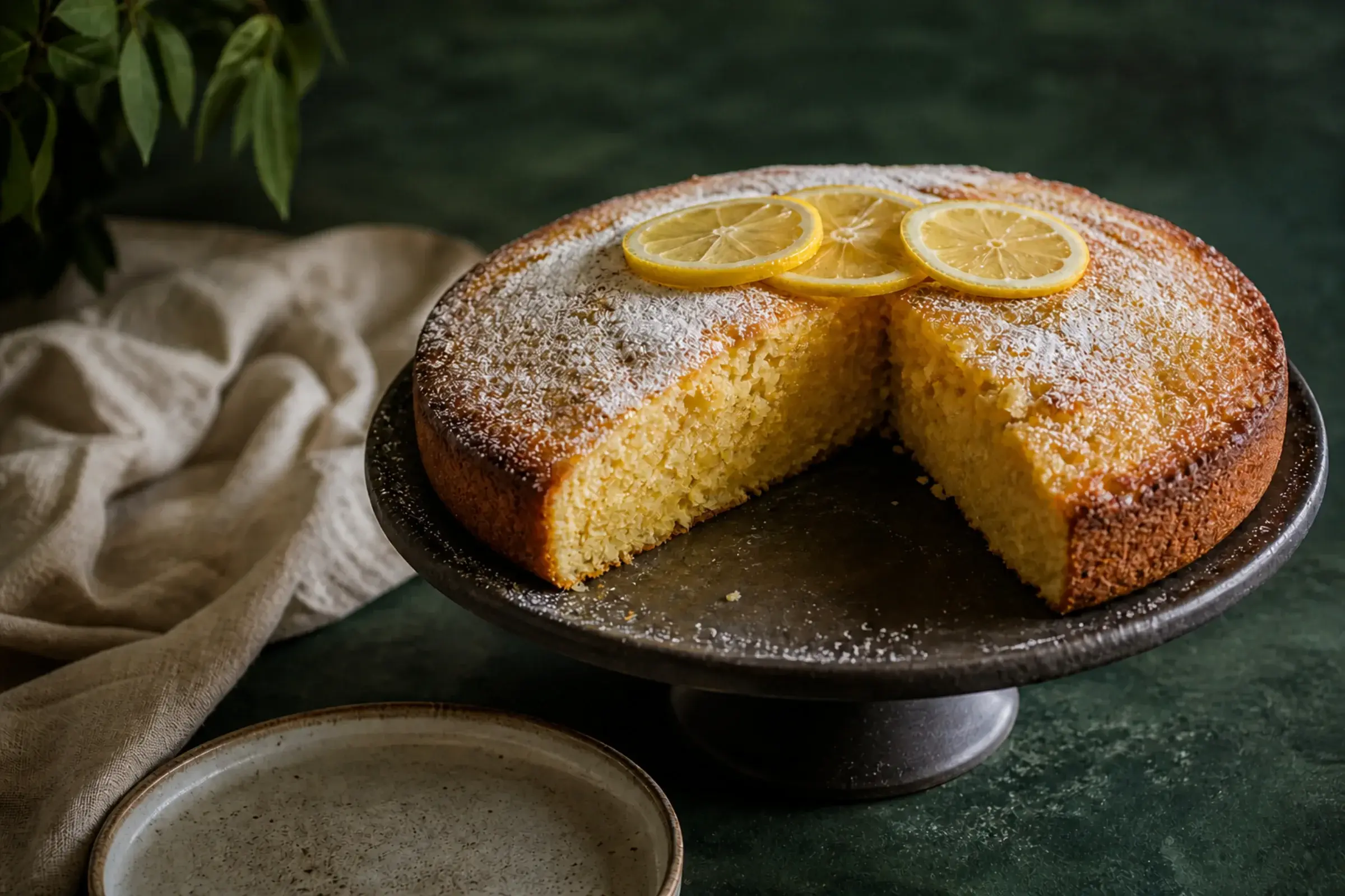 Rustic lemon olive oil cake with one wedge removed, lemon slices, and a light dusting of sugar